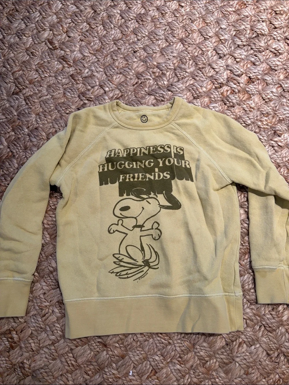 Junk Food Clothing Kids Sweatshirt in Light Olive with Snoopy Hug Graphic